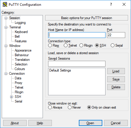 PuTTY main window